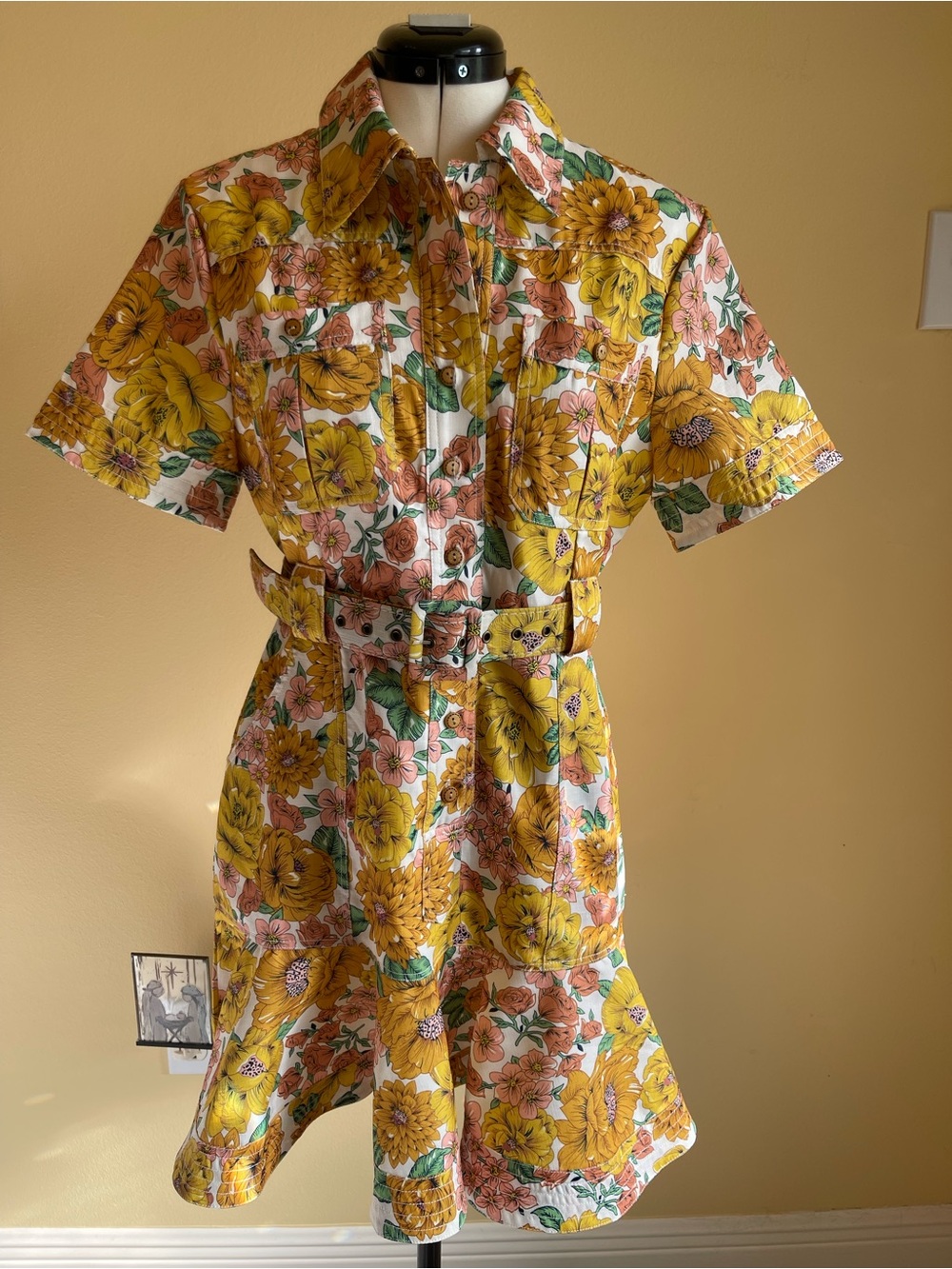 La’ Ros Floral Belted Shirt Dress Small Retro Resort